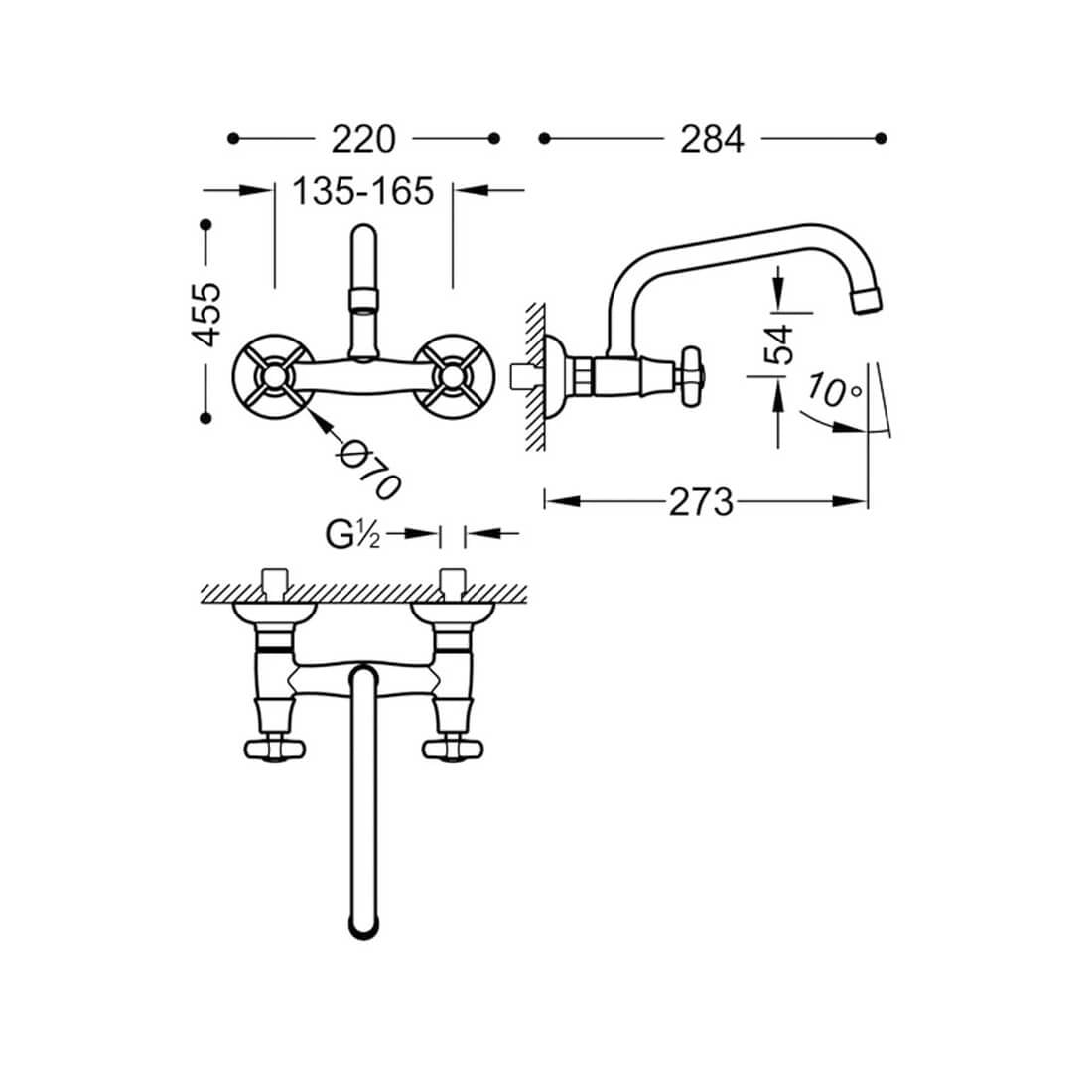 Grifo de cocina TRES-CLASIC Bimando fregadero pared
