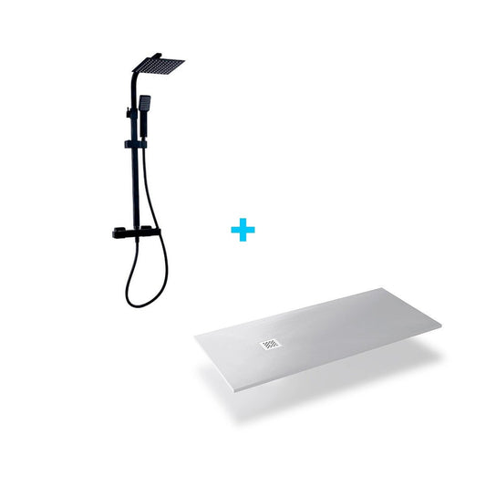 Pack columna de ducha negra + plato de resina blanco - Thebath