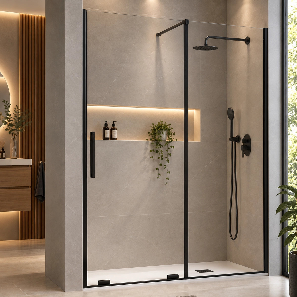 Paroi de douche fixe avec porte coulissante Moka