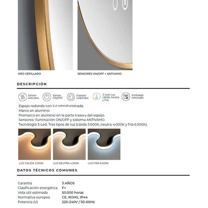 Espejo baño retroiluminado Fun oro cepillado - Thebath