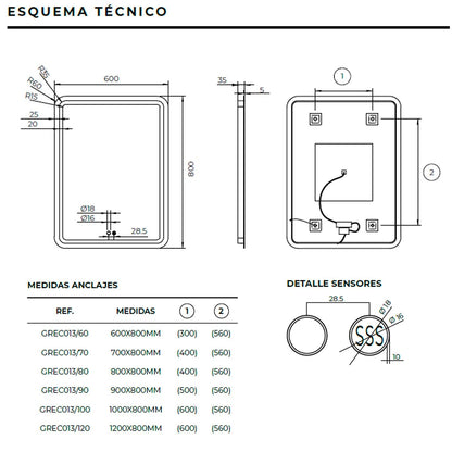 Espejo con sensor y luz led Grecia - Thebath