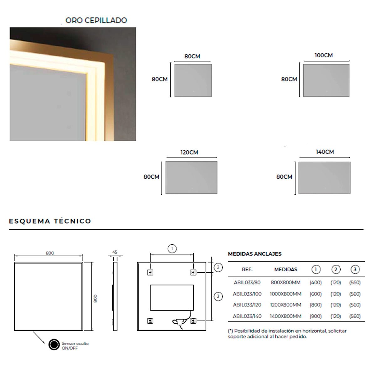 Espejo luz led integrada Ability oro cepillado - Thebath