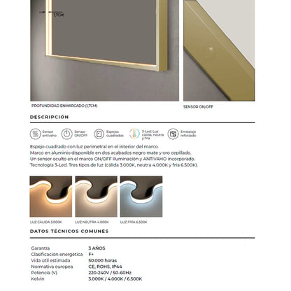 Espejo luz led integrada Ability oro cepillado - Thebath