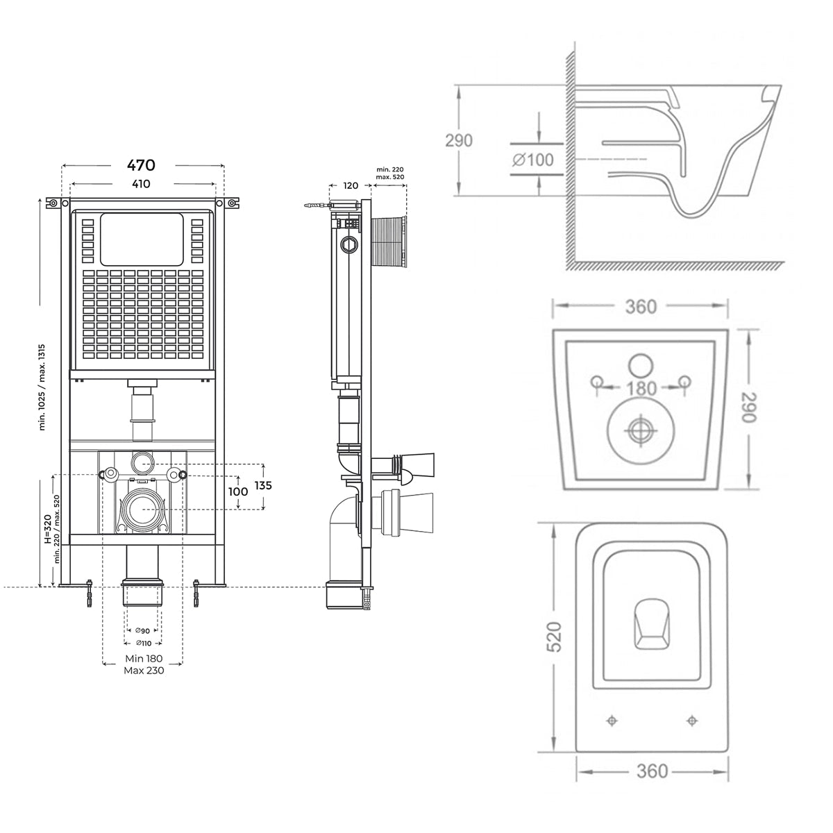 Pack suspendido cisterna empotrada + Wc Suspendido Corvo Mate - The Bath