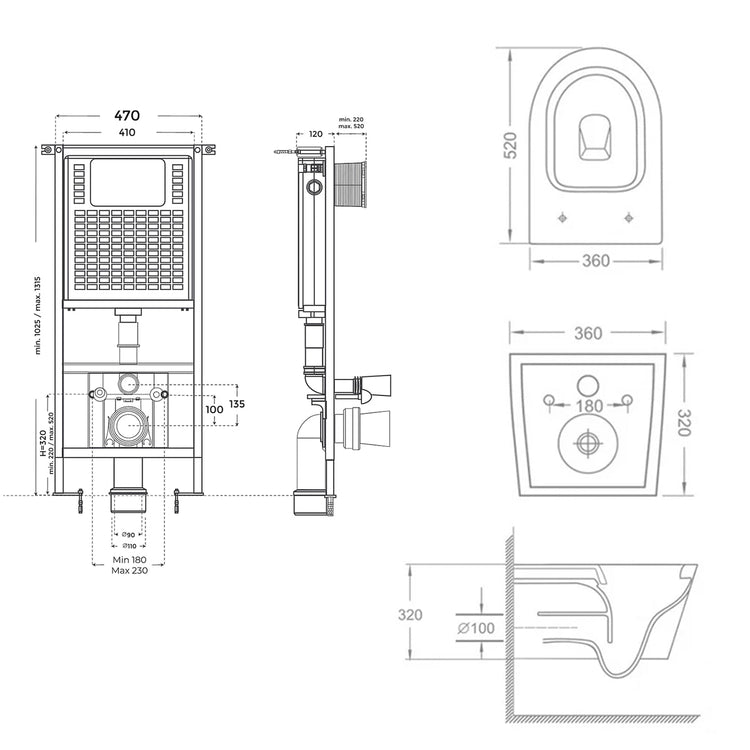 Pack suspendu réservoir à encastrer + WC suspendu sans rebord Nevis