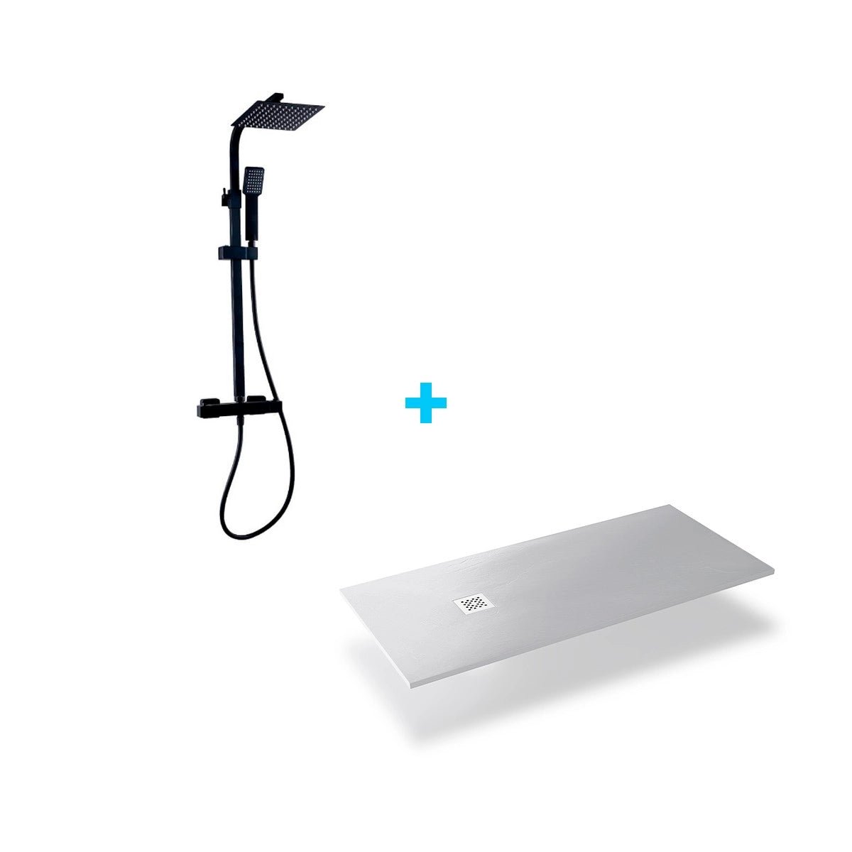 Pack colonne de douche noire + plateau en résine blanche