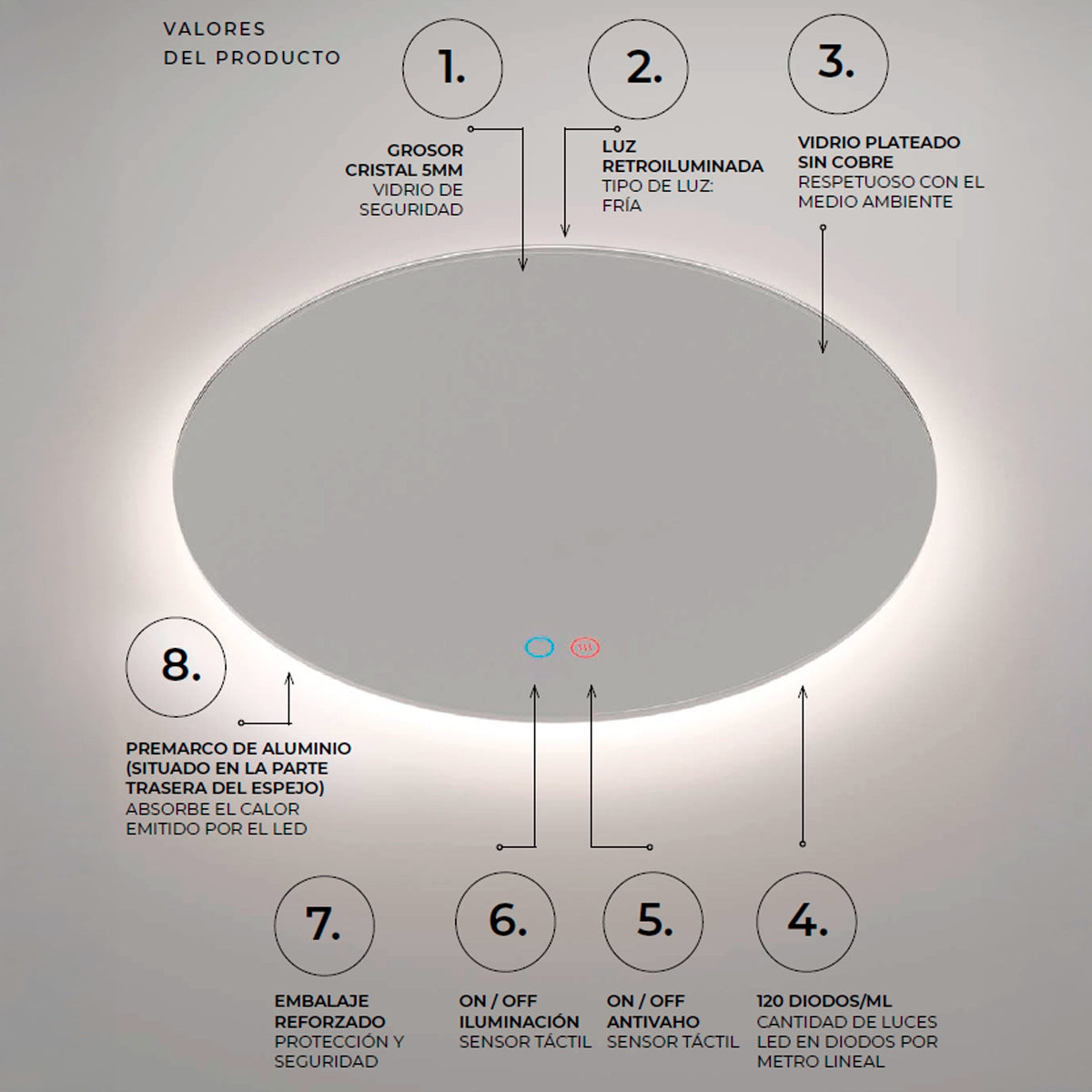 Miroir moderne avec lumière led de Lisbonne