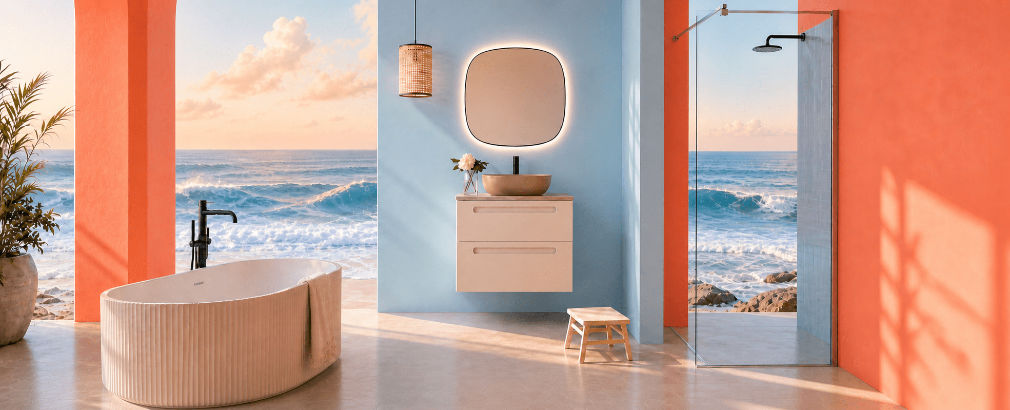 Salle de bains The Bath avec baignoire, meuble lavabo, paroi de douche et vue sur la mer